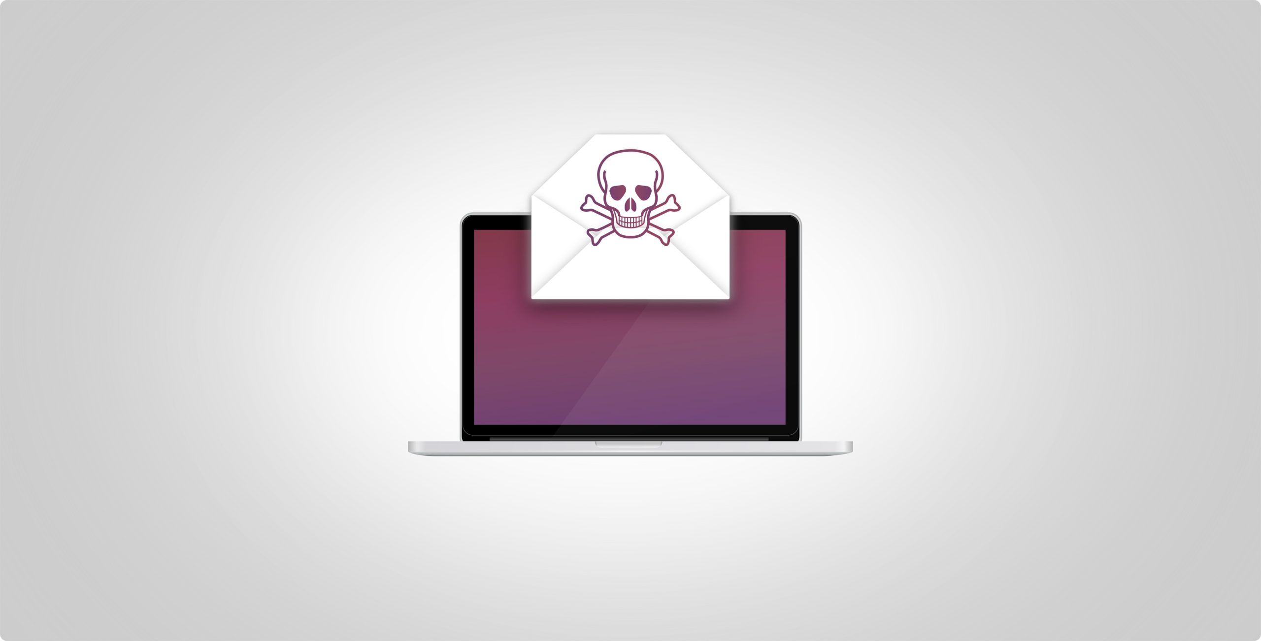 Laptop shown opening email with a skull and crossbones on it