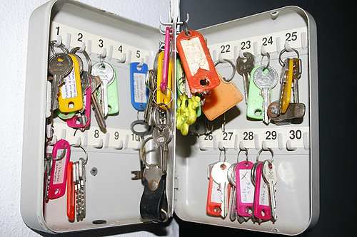 Colourful key tags in lockbox. 