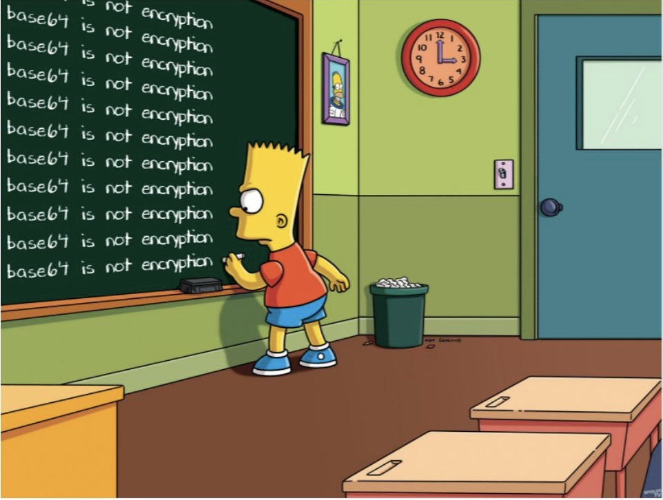 Bart Simpson writing 'base64 is not encryption' over and over again on a chalkboard.
